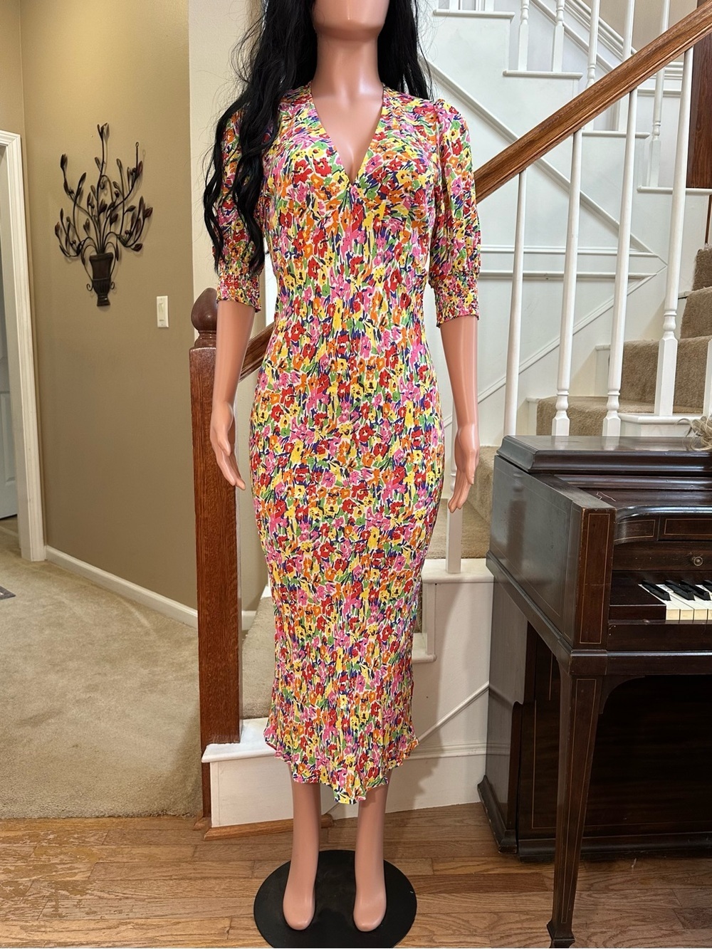 RIXO Floral Multicolor V-Neck Midi Dress